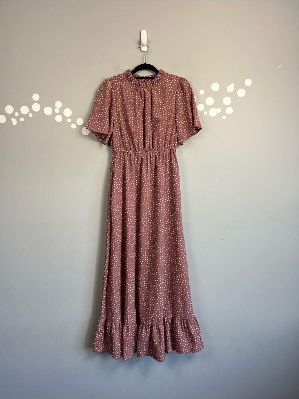 Bohme Mauve Polka Dot Maxi Dress Size S Ruffle Hem Flutter Sleeve Cottagecore